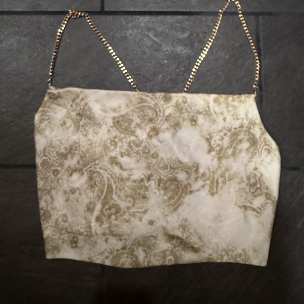 Garage Cream And Olive Paisley Crop Top with Gold Chain Straps